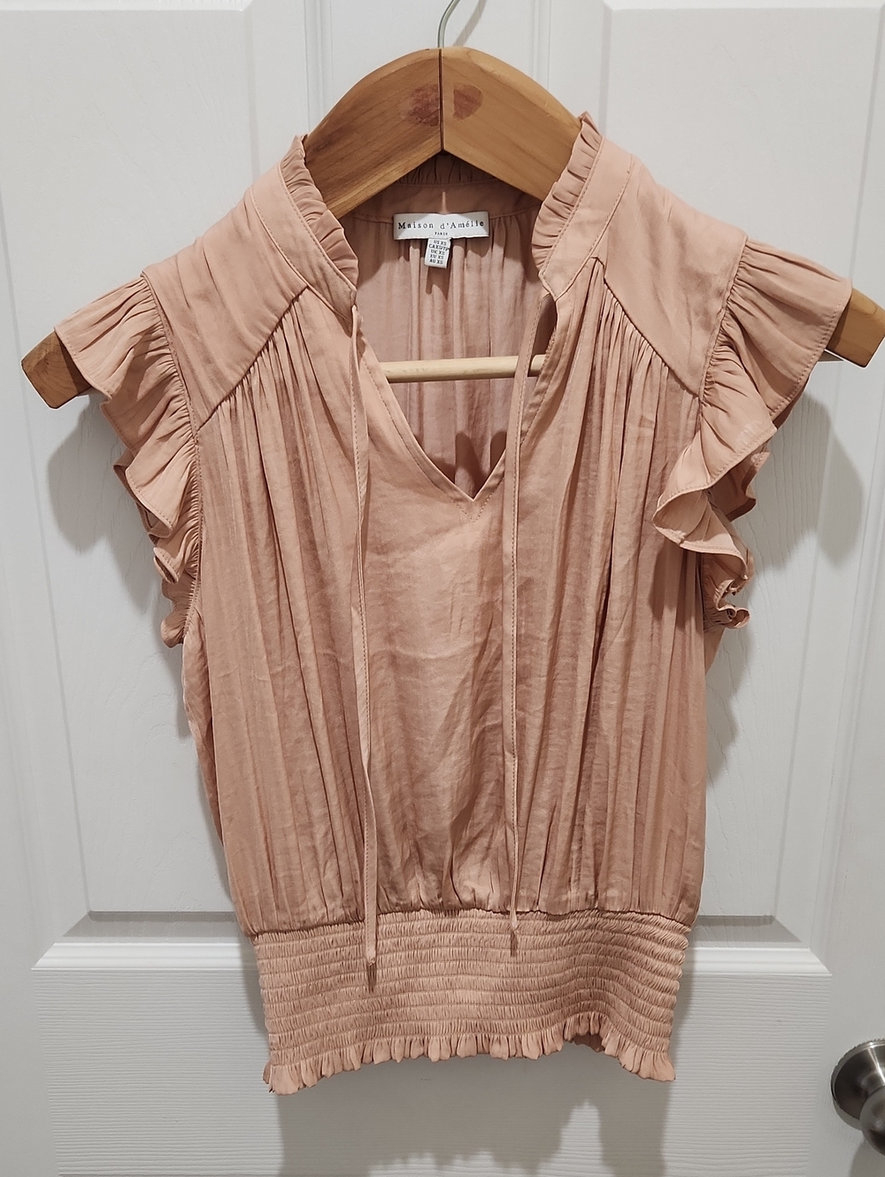 Maison d'Amelie Blush Pink Ruffle-Sleeve Smocked-Hem Blouse